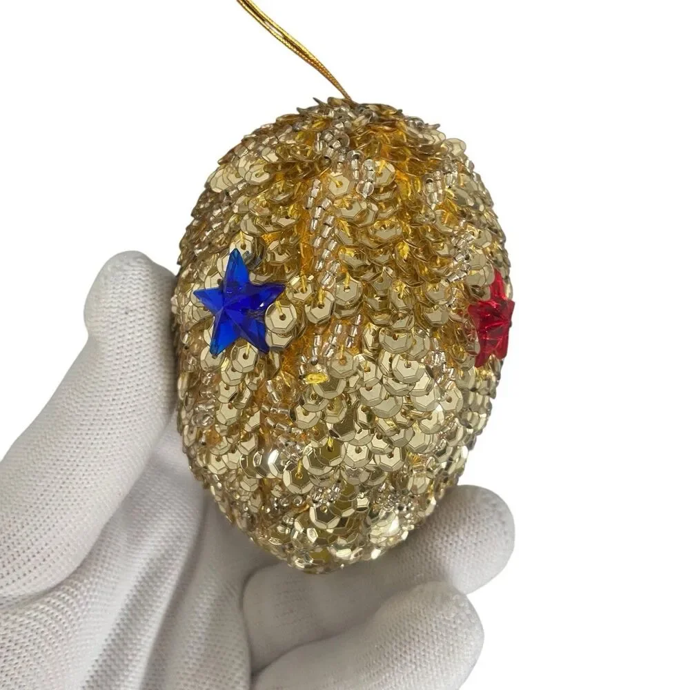 8 Christmas Tree Ornaments Pine Cone Handmade Sequins Beaded Blue Gold Red Green